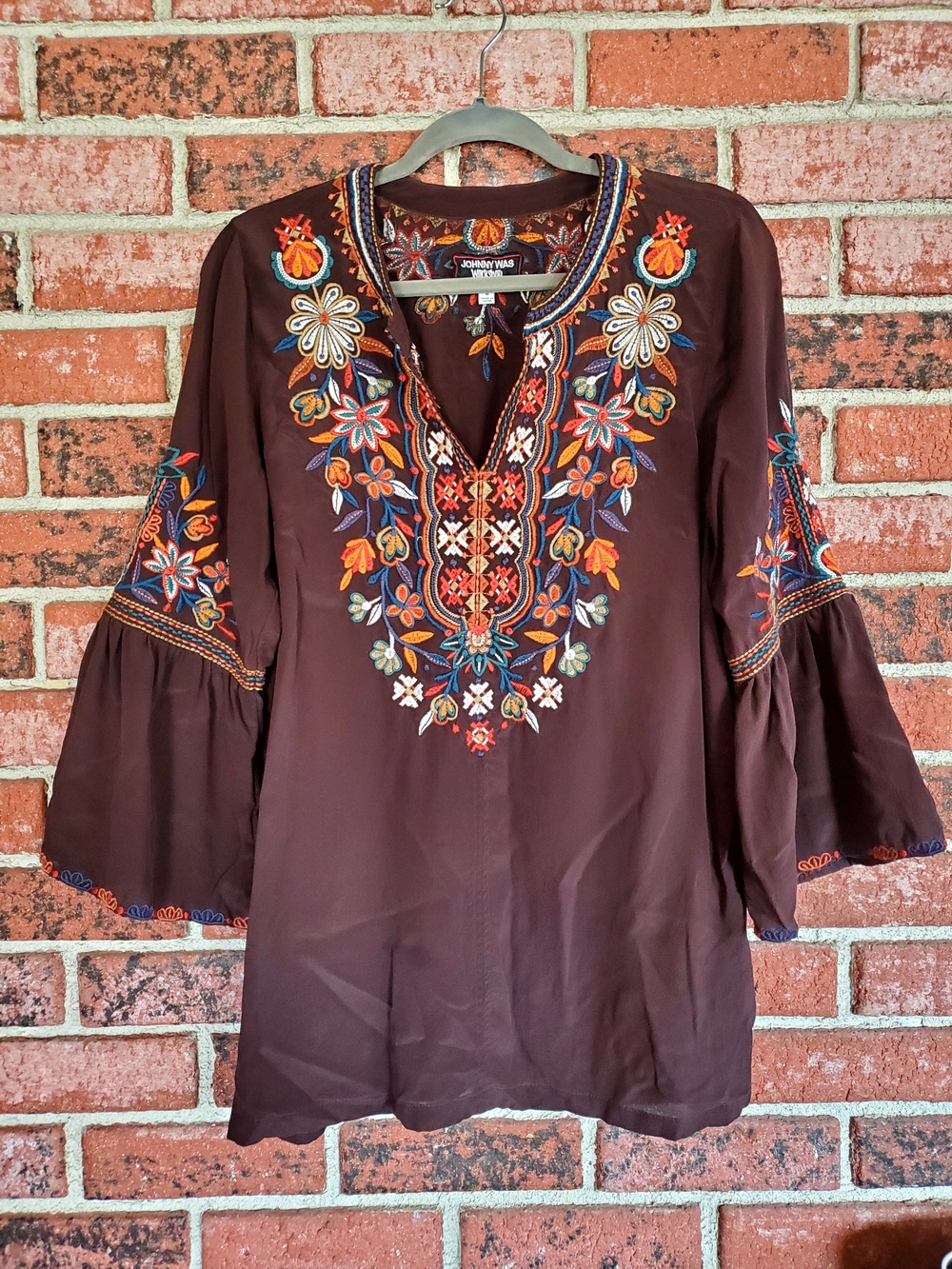 Johnny Was Workshop Chocolate Brown Floral Embroidered V-Neck Tunic